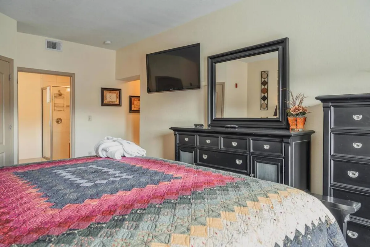 This image presents a bedroom with a colorful quilt, a black dresser, a TV mounted on the wall, and a decorative plant. Sunlight filters through the nearby window, creating an inviting, restful atmosphere. The TV, plush bedding, and subtle decorative details speak to comfort and personal entertainment.