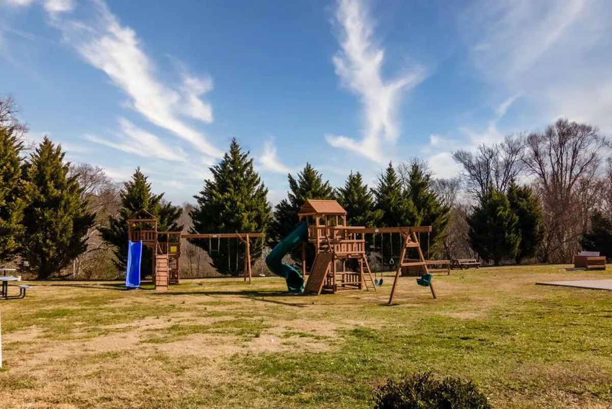A cheerful playground structure with swings and a slide is set amidst green grass and shaded by trees, inviting children and families to enjoy the outdoors. The scene is bright and lively, perfect for family playdates and gatherings.