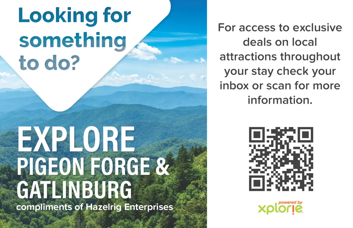 A panoramic view of a mountain range under a clear blue sky, with a text overlay that references local sightseeing and attractions. The image radiates adventure and the exploration of the Pigeon Forge and Gatlinburg area.